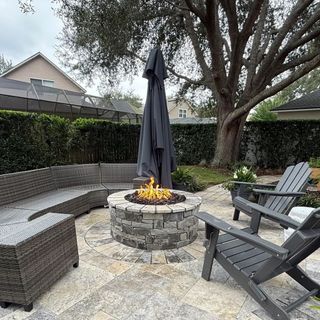 a stone fireplace